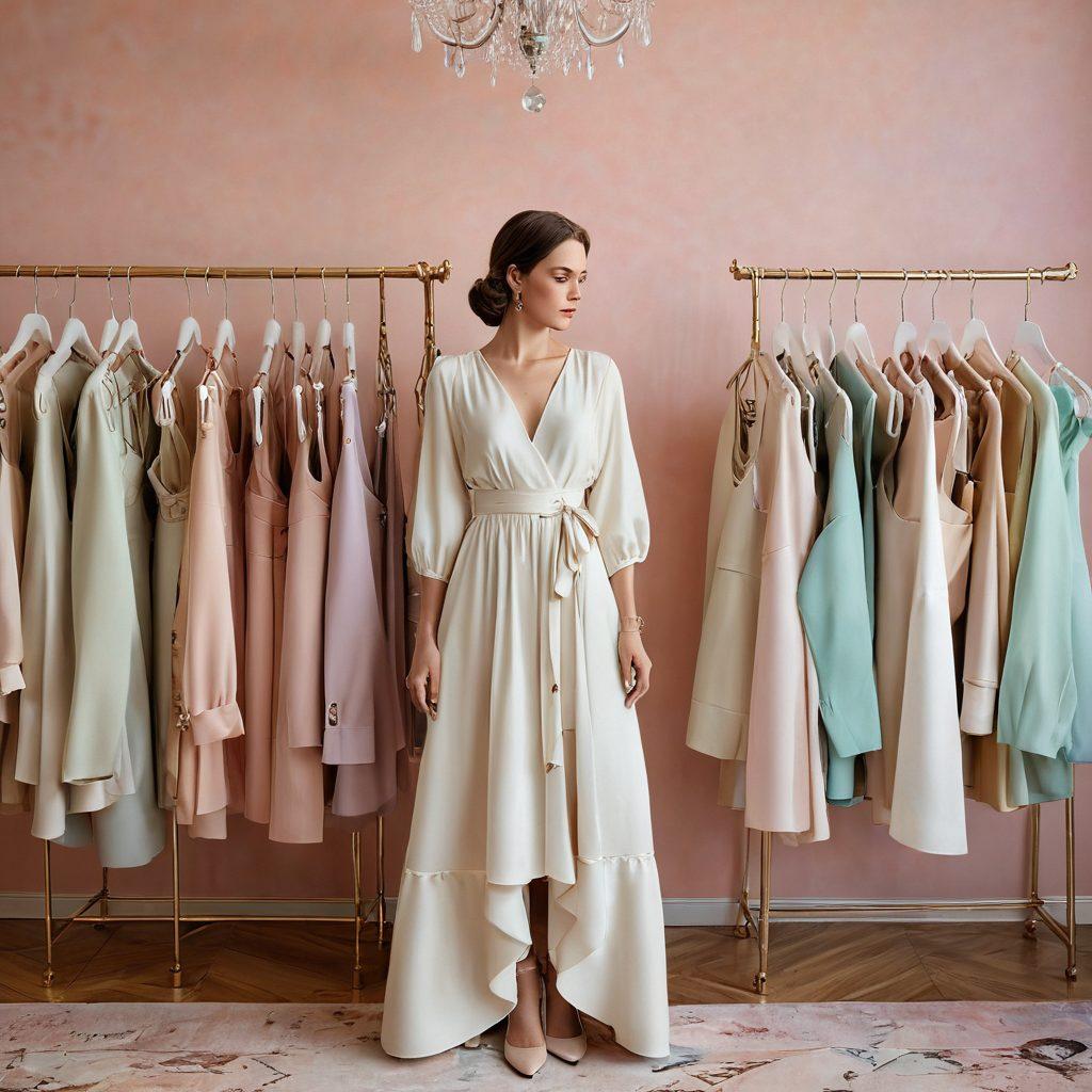 A stylishly dressed woman in a flowing, elegant dress, surrounded by a variety of chic outfits on hangers. The background features a softly lit boutique with pastel colors, showcasing feminine fashion trends. Delicate accessories like pearls and elegant handbags add to the scene. The overall atmosphere exudes sophistication and timelessness. vibrant colors. super-realistic.