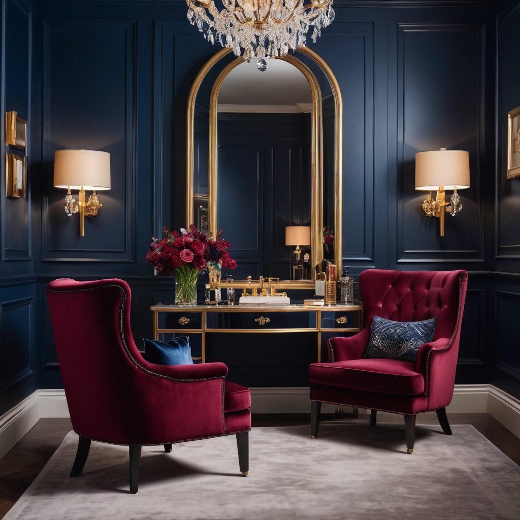 A beautifully arranged wardrobe showcasing elegant ladies' fashion, featuring chic dresses, tailored blazers, and stylish accessories. Soft lighting highlights rich fabrics and sophisticated colors like deep burgundy and midnight blue. A plush chair and a mirrored vanity add a touch of luxury, while classic perfume bottles and jewelry complete the scene. The atmosphere should evoke a sense of refinement and timeless style. super-realistic. vibrant colors. elegant background.