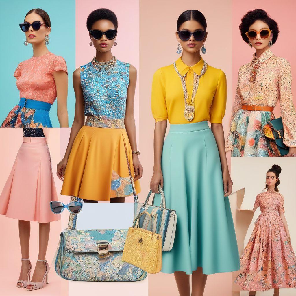 A vibrant collage showcasing the evolution of feminine fashion, featuring retro styles like flared skirts and bold prints transitioning into refined silhouettes with elegant fabrics. Incorporate accessories like vintage sunglasses and modern statement jewelry, blending diverse cultural influences. Use a soft pastel color palette to create a harmonious transition across the styles. Add textured backgrounds to give depth to the fashion pieces. retro-modern fusion. vibrant colors. soft pastels.